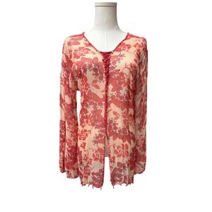 Vintage ICE 100% Silk Blouse M Red Floral Sheer Beaded Bell Sleeve Y2K Fairy
